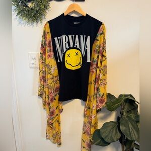 Custom NIRVANA Tee with Yellow Floral Batwing Sleeves